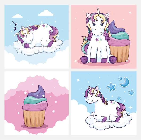 Grupo de lindos unicornios con deliciosos cupcakes — Archivo Imágenes Vectoriales