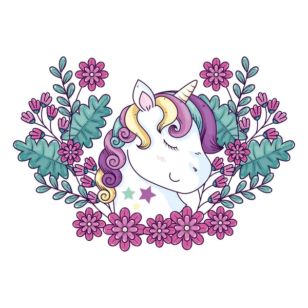 Head of cute unicorn fantasy with flowers decoration — Stock Vector