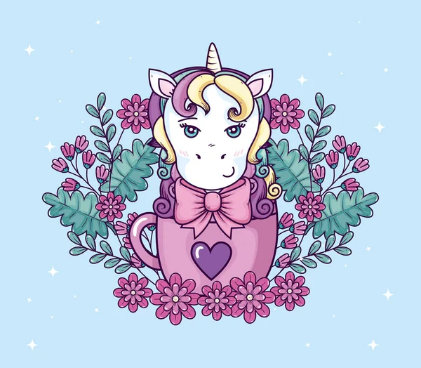 Head of cute unicorn fantasy in cup with flowers decoration — Stockvector