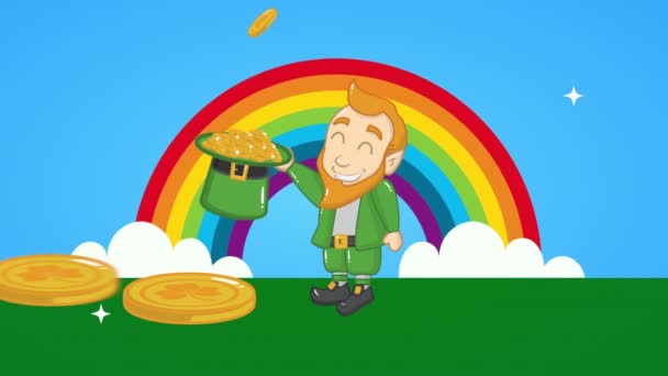 St patricks día tarjeta animada con elfo y monedas en arco iris — Vídeos de Stock