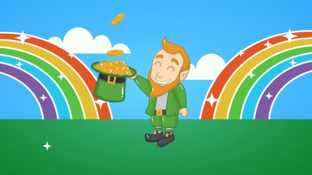 St patricks day animated card with elf and coins in rainbow — Stok video