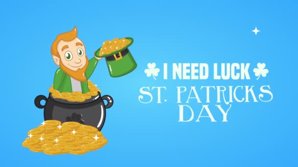 St patricks día tarjeta animada con elfo y monedas sombrero — Vídeos de Stock