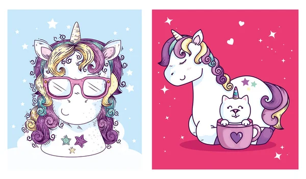 Set designs of unicorns and cute icons — Stockový vektor