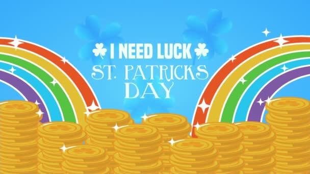 San Patricio día tarjeta animada con monedas del tesoro en arco iris — Vídeos de Stock