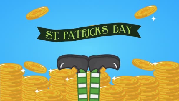 День святого Патрика анимированная открытка с эльфийскими ногами и монетами — стоковое видео