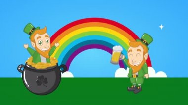 st patricks day animated card with elfs and coins in rainbow