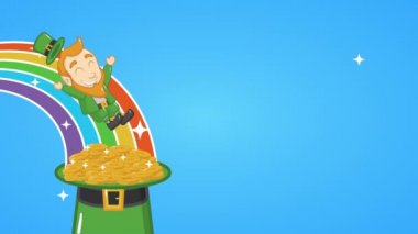 st patricks day animated card with elf and coins in rainbow
