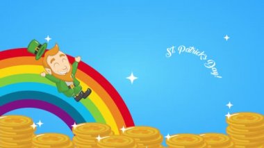 st patricks day animated card with elf and coins in rainbow