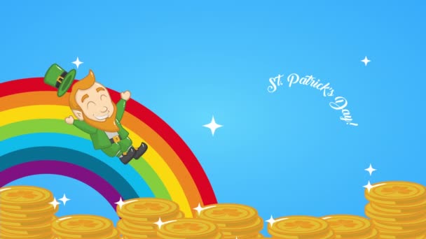 St patricks day animated card with elf and coins in rainbow — Stockvideo