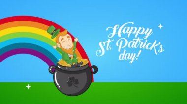 st patricks day animated card with elf and coins in rainbow