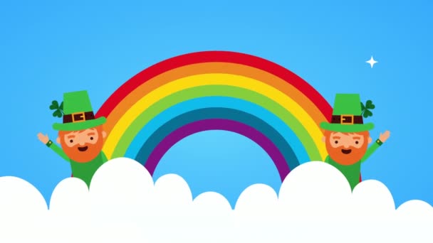 St patricks día tarjeta animada con elfos en arco iris — Vídeos de Stock