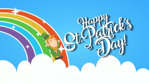 St patricks día tarjeta animada con elfo en arco iris — Vídeo de stock