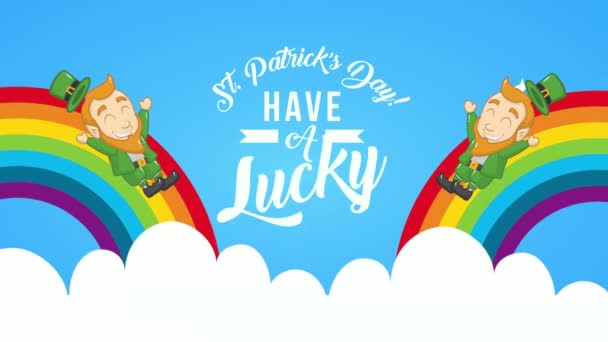 St patricks día tarjeta animada con elfos en arco iris — Vídeo de stock