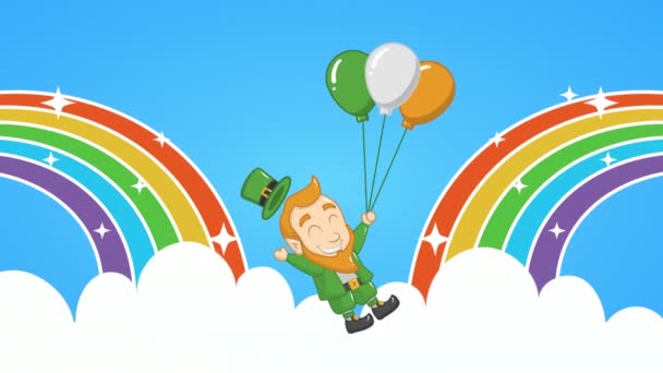 San Patricio día tarjeta animada con elfos y globos helio en arco iris — Vídeos de Stock