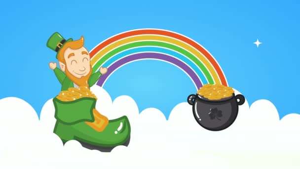 St patricks día tarjeta animada con elfo y arco iris en el maletero — Vídeo de stock