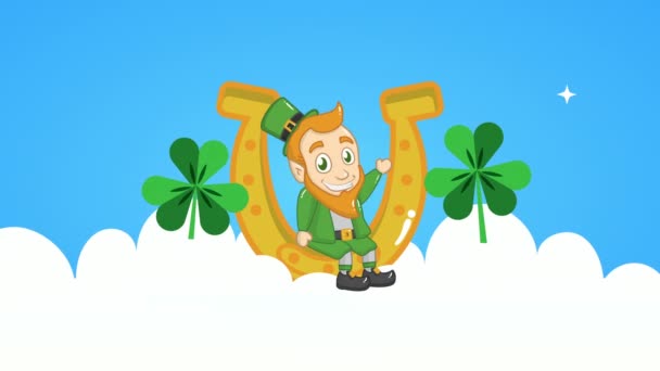 St patricks day animated card with elf and horseshoe — Stockvideo