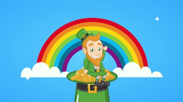St dia patricks cartão animado com elfo e chapéu no arco-íris — Vídeo de Stock