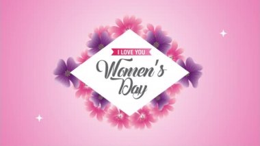 happy womens day card with purple and pink flowers