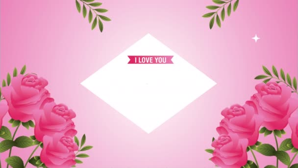 Happy womens day card with pink roses flowers diamond frame — Αρχείο Βίντεο