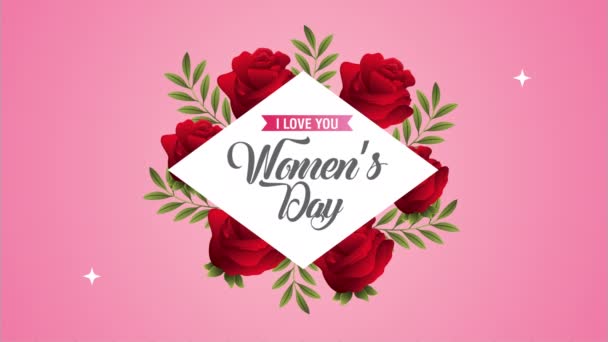 Carta felice giorno delle donne con rose rosse fiori cornice di diamanti — Video Stock