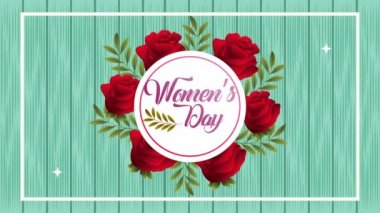 happy womens day card with red roses circular frame
