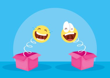 happy april fools day card with surprise boxes and emojis