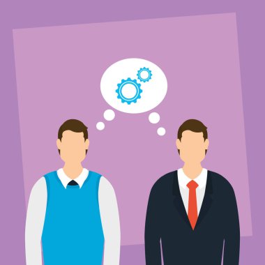 Konuşma balonu ve dişlileri olan zarif iş adamları.