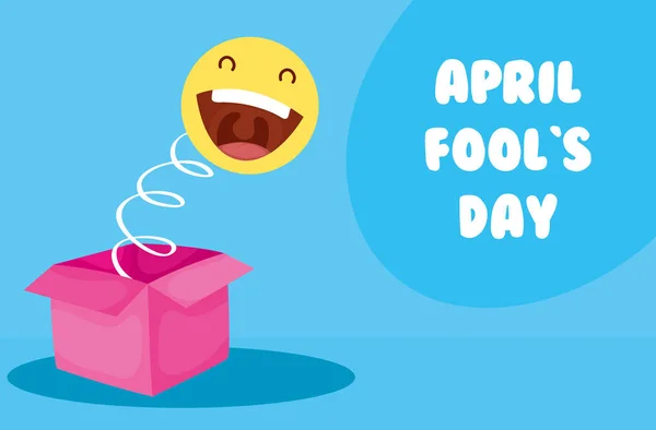 Happy April dwazen dagkaart met verrassingsdoos en emoji — Stockvector