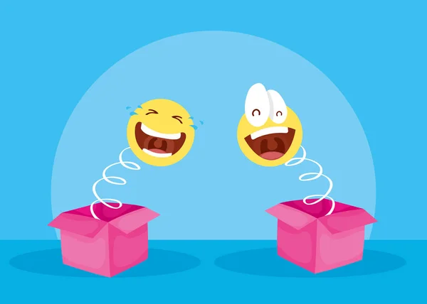 Happy april fools day card with surprise boxes and emojis — Stok Vektör
