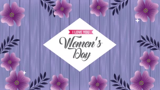 Feliz mujer día tarjeta con flores púrpura marco de diamante — Vídeo de stock