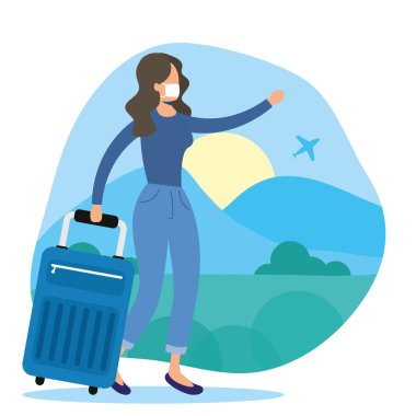 woman with cap and suitcase running away from coronavirus