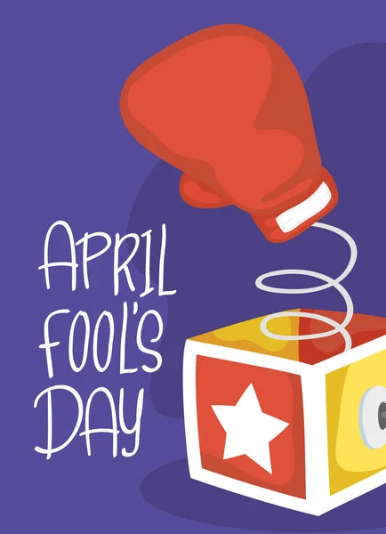 Happy april sciocchi day card con scatola a sorpresa e guanto da boxe — Vettoriale Stock
