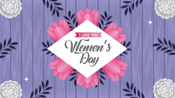 Carta felice giorno delle donne con rosa rose fiori cornice di diamanti — Video Stock