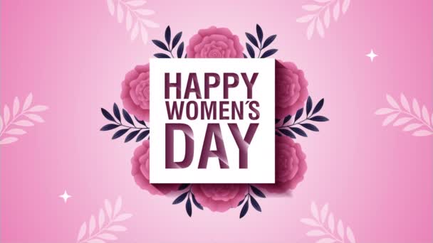 Happy womens day card with pink roses flowers square frame — Stockvideo