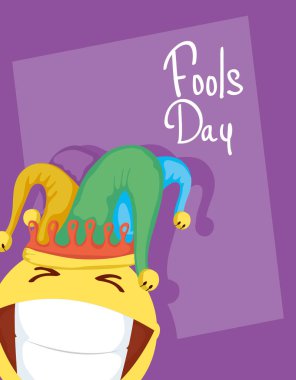 happy april fools day card with emoji crazy face and buffoon hat