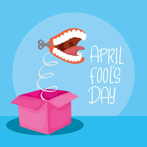 Happy april sciocchi day card con scatola a sorpresa e bocca pazza — Vettoriale Stock