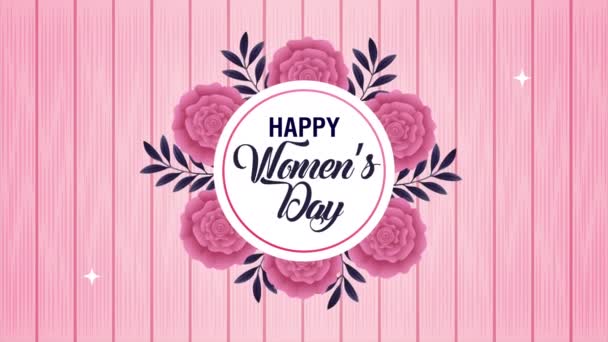Feliz día de las mujeres tarjeta con rosas rosadas flores marco circular — Vídeos de Stock