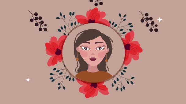 Красивая женщина и цветы сад круглый каркас — стоковое видео