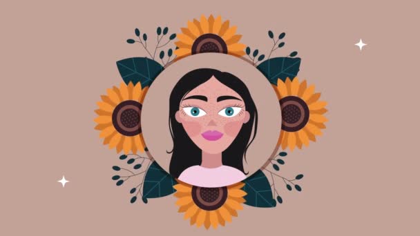 Beautifull woman and flowers garden circular frame — Stock Video