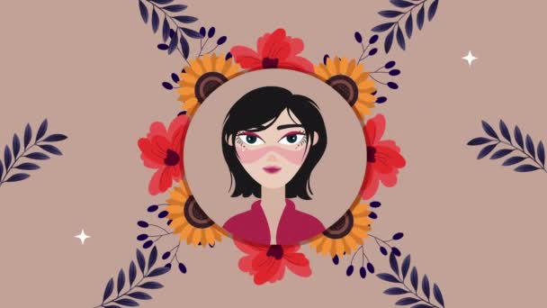 Beautifull woman and flowers garden circular frame — Αρχείο Βίντεο