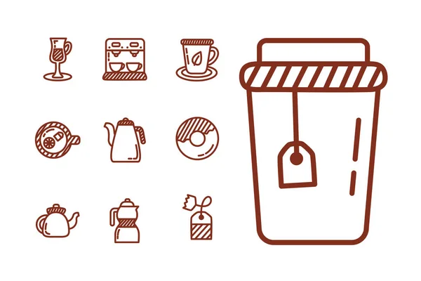 Bundel koffie en thee lijn stijl pictogram — Stockvector