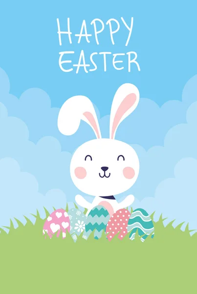 Happy easter celebration card with rabbit and eggs painted — Stock Vector