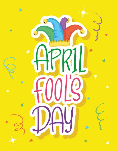 Happy april fools day card with lettering and hat buffoon — Stock Vector