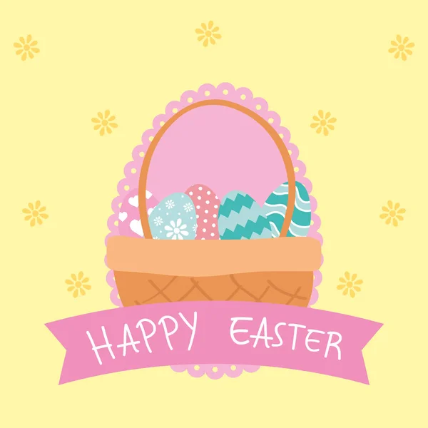 Поздравительная открытка на Пасху с яйцами в корзине — стоковый вектор