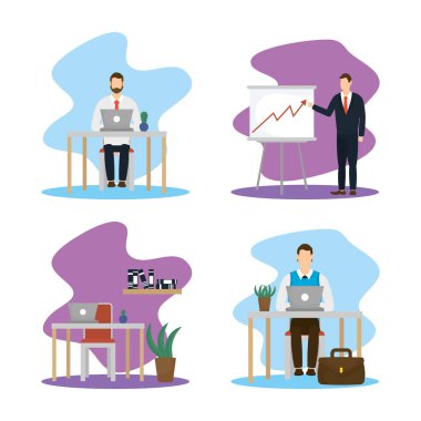 elegant businessmen set scenes icons