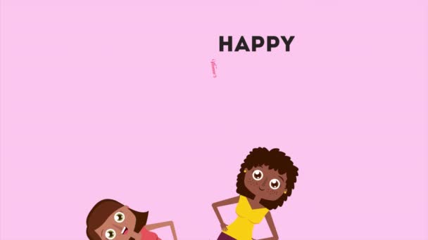 Happy womens day card with girls and lettering — Stockvideo