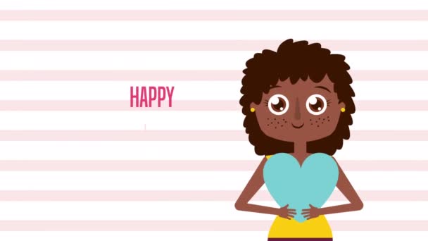 Happy womens day card with afro girl and lettering — Stock video