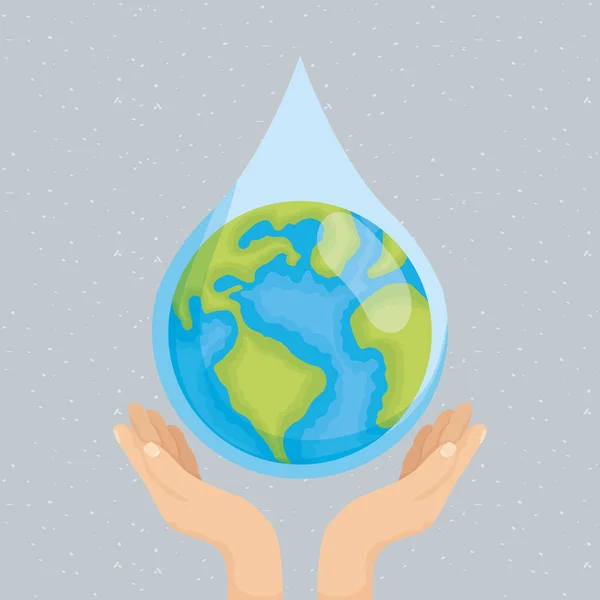Cartaz dia de água com as mãos levantando gota e mundo — Vetor de Stock