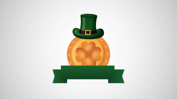 St patricks day animated card with coin clover and elf hat — Stockvideo