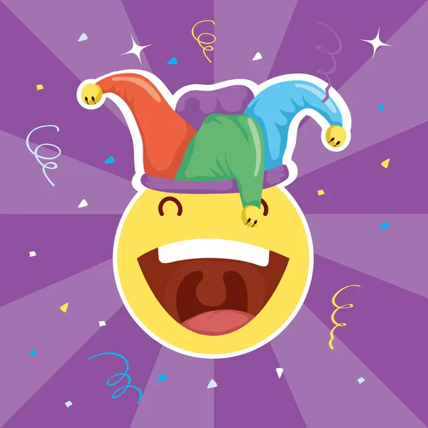 Happy april fools day card with emoji crazy face and buffoon hat — Stockvektor